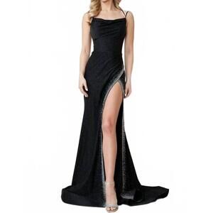 NEW AMELIA COUTURE rhinestone edged slit jersey gown in black
